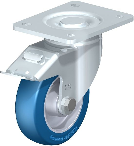 Blickle LH-ALBS 125K-3-FI Stahlblech-Lenkrolle, Schwerlast-Ausführung, mit Anschraubplatte & Feststeller, Blickle Besthane® Soft, Blau, 743592