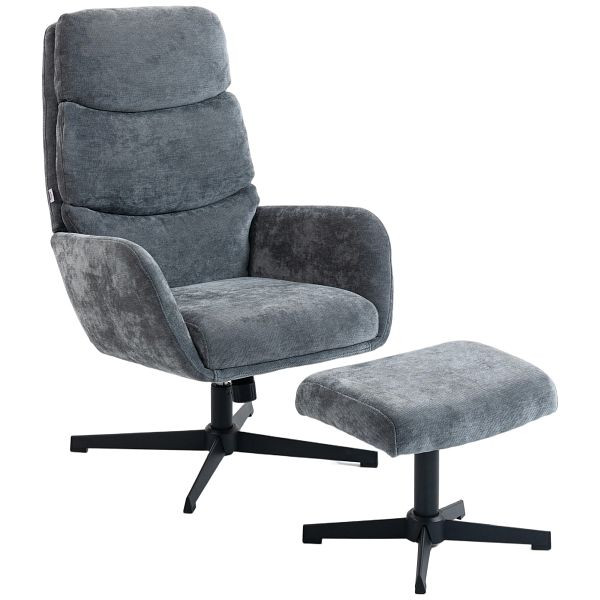 HOMCOM Polstersessel mit Fußhocker, Lounge-Sessel mit hoher Rückenlehne, Metallbasis, für Wohnzimmer, Schlafzimmer, Grau, 83B-620V00GY