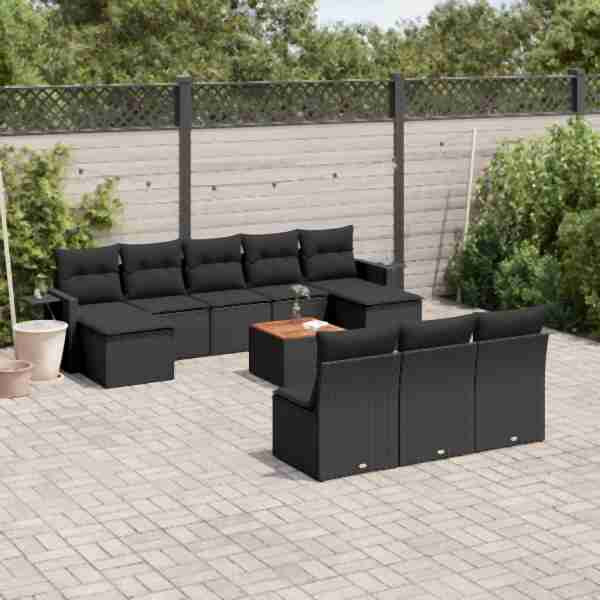 vidaXL 11-tlg. Garten-Sofagarnitur mit Kissen Schwarz Poly Rattan, UV-beständig, 3224767
