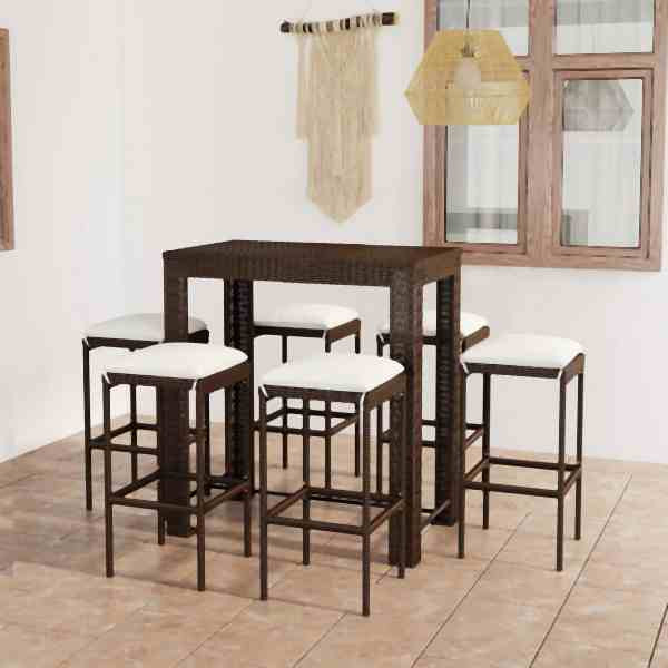 vidaXL 7-tlg. Gartenbar-Set mit Kissen Poly Rattan Braun, 3064783