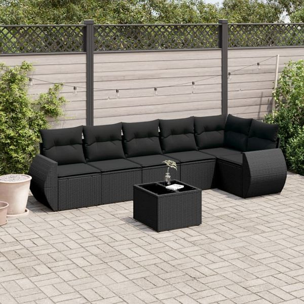 vidaXL 7-teilig Garten-Sofagarnitur mit Kissen Schwarz Poly Rattan, 3253732