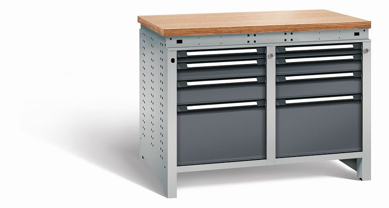 Otto Kind Werkbank Serie function Typ 216, Multiplexplatte 40 mm, bündig, 2x Unterbau + Zentralverschluss, Gehäuse RAL 9006, Front RAL 7016, 07234614S