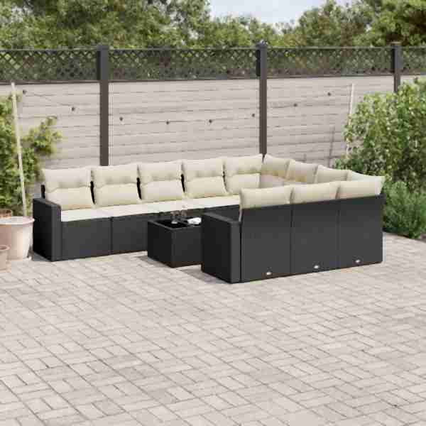 vidaXL 11-tlg. Garten-Sofagarnitur mit Kissen Schwarz Poly Rattan, UV-beständig, 3219486