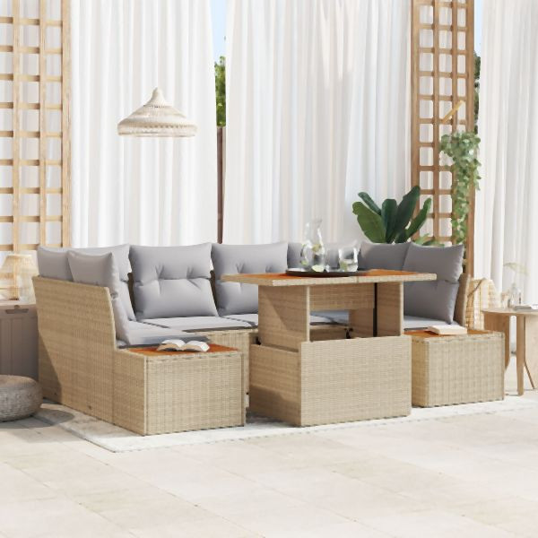 vidaXL 7-teiliges Garten Dining Set mit Kissen Beige Poly Rattan Akazie, 3350037