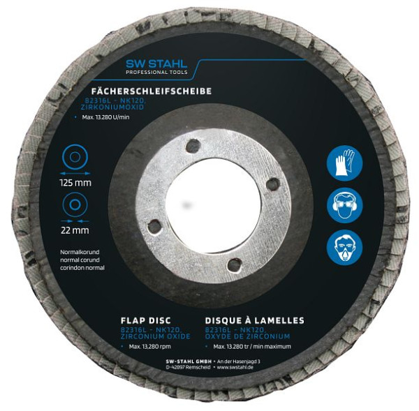 SW-Stahl Fächerschleifscheibe, Zirkoniumoxid, 125 mm, NK120, VE: 10 Stück, 82316L