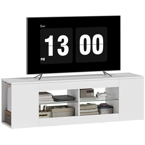 HOMCOM 140 cm TV-Ständer, Fernseh-Kommode, 6 Fächer, 2 Glasregale, Holz, Weiß, 83B-591V90WT