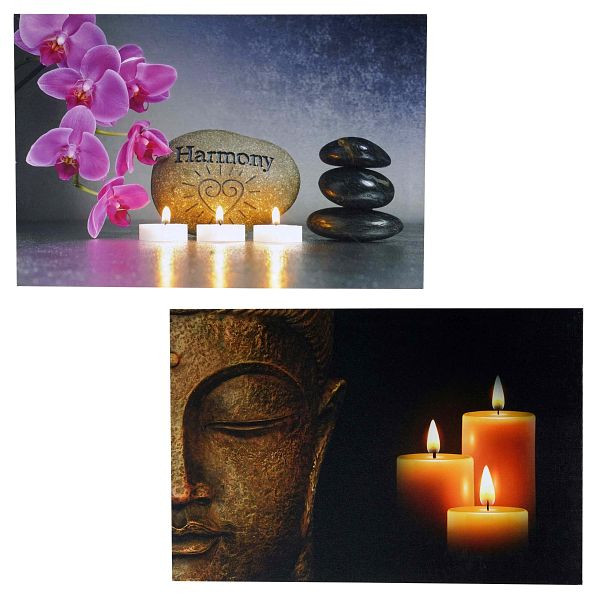 Mendler 2er-Set LED-Bild Leinwandbild Leuchtbild Wandbild 40x60cm, Timer, Buddha + flackernd, 36627