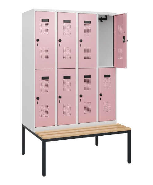 C+P Doppelstöckiger Spind Evolo PLUS, Bank, 8 Fächer, 1950x1200x815mm, 9016/3015, Drehriegel, Sitzfläche Buche-Hartholz, Sitzbank, 0493505-40 S10018