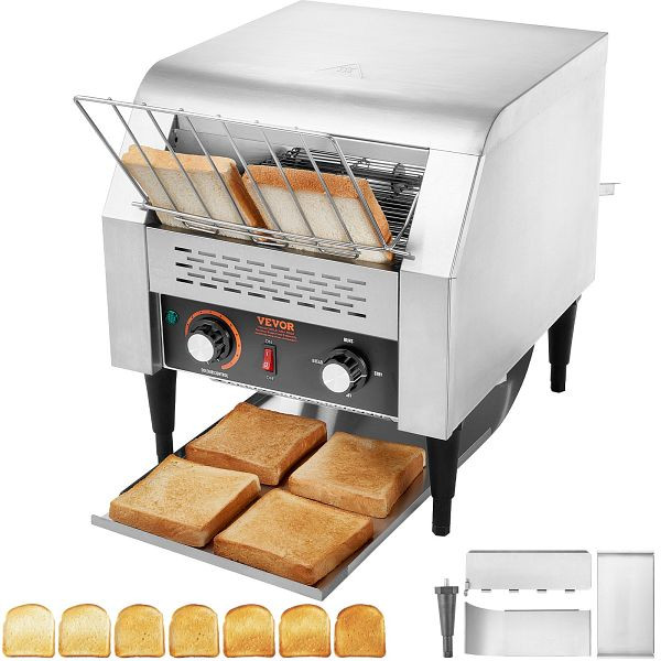 VEVOR Durchlauf-Toaster 1770 W, Drei Einstellbare Modi 150 / 300 / 450 Scheiben pro Stunde, Kommerziell Edelstahl Restaurants, LSKMBJ300PMXYE5MWV2