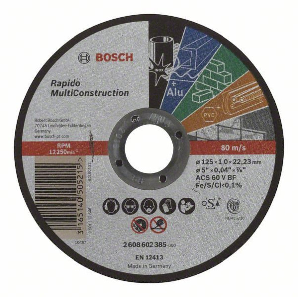 Bosch Trennscheibe gerade Rapido Multi Construction ACS 60 V BF, 125 mm, 1,0 mm, VE: 25 Stück, 2608602385
