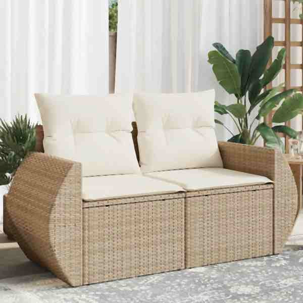 vidaXL Gartensofa mit Kissen 2-Sitzer Beige Poly Rattan, UV-beständig, 366080