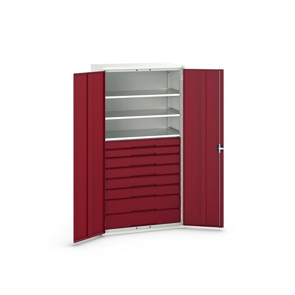 bott verso Flügeltürschrank mit Schubladen, mit 3 Fachböden und 8 Schubladen, BxTxH: 1050 x550 x 2000 mm, Lichtgrau / Purpurrot, 16926577.24
