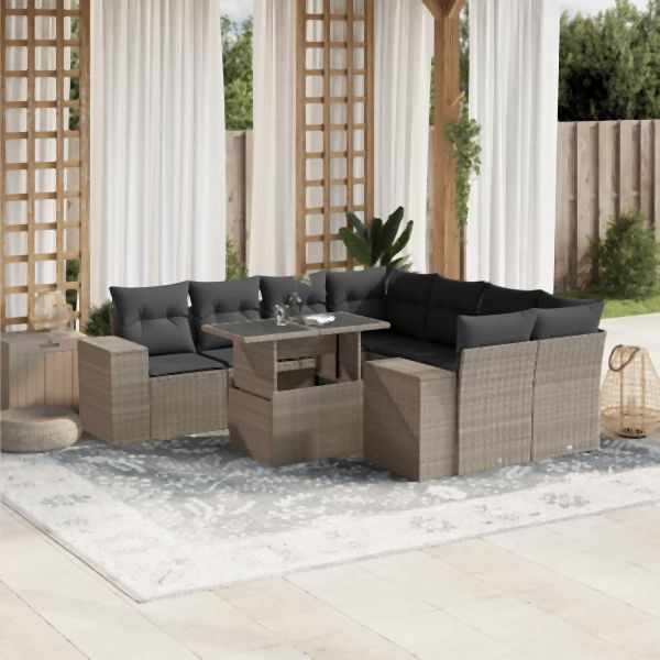 vidaXL 9-tlg. Garten-Sofagarnitur mit Kissen Hellgrau Poly Rattan, 3269062