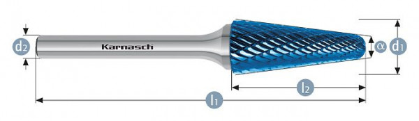 Karnasch Hartmetall-Frässtift Blue-Tec beschichtet KEL/ HP-3 d1= 12,0 / l2= 32 / d2= 6 / l1= 77mm, VE: 2 Stück, 115081045
