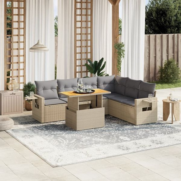 vidaXL 7-teilig Garten-Sofagarnitur mit Kissen Beige Poly Rattan, 3271773