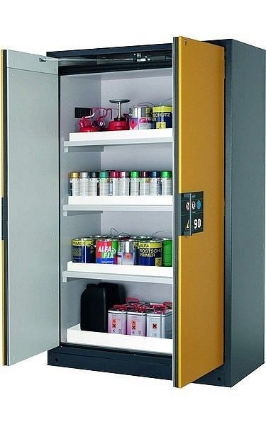 asecos Sicherheitsschrank Q-PEGASUS-90, Q90.195.120.WDAC in sicherheitsgelb RAL 1004 mit 3x Wannenboden Standard (Polypropylen), 30002-040-30013