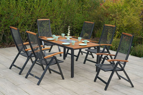 Merxx Tilos Set 7-teilig, 6 Tilos Klappsessel, Rückenlehne 5-fach verstellbar, 1 Tilos Tisch, 150 x 90 cm, Aluminium mit FSC Akazienholz, 50622-217