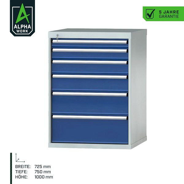 Alpha Work Schubladenschrank Basic, 725 x 1000 x 750 mm, Korpus: Lichtgrau, Front: Enzianblau, 6 Schubladen, 36x36 Einheiten, 07275