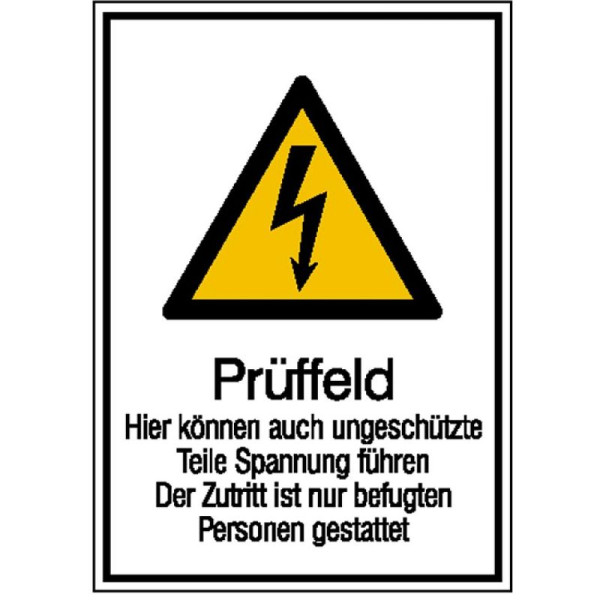 Stein HGS Elektrokennzeichnung/Kombischild mit Warnzeichen und Zusatztext, Prüffeld, 210 x 297 mm / Alu, geprägt, 11.1337