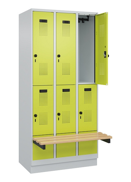 C+P Doppelstock-Spind Evolo PLUS, Bank, 6 Fächer, 1950x900x815mm, 7035/0024, Drehriegel, Sitzfläche Buche-Hartholz, mit Sockel, 049340-30 S10015