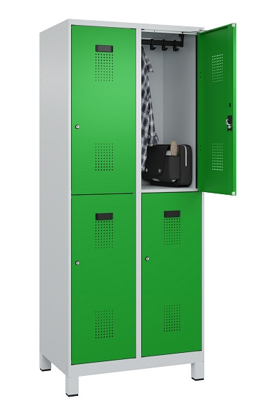 C+P Doppelstöckiger Spind Evolo PLUS, mit Füßen, 4 Fächer, 1950x800x500mm, 7035, Frontfarbe RAL 6037 Reingrün, Zylinderschloss, 049310-22 S10038