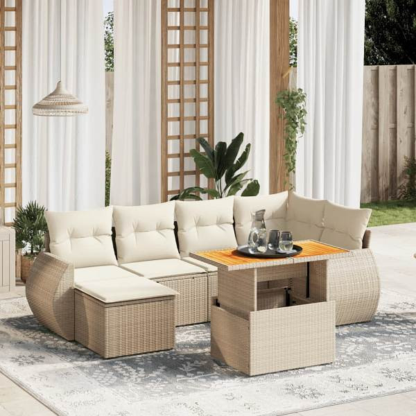 vidaXL 7-tlg. Garten-Sofagarnitur mit Kissen Beige Poly Rattan, UV-beständig, 3272297