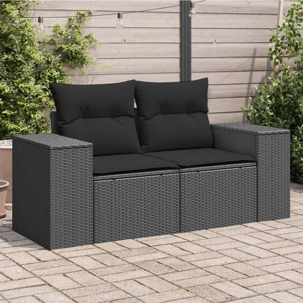 vidaXL Gartensofa mit Kissen 2-Sitzer Schwarz Poly Rattan, 365974