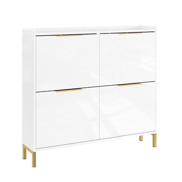 SoBuy Slim Entrance Schuhschrank - Weiß mit 4 Klapptüren, Tiefe 19 cm, nordisches Design, polierte Oberfläche und goldenen Griffen, 100x19x90cm, FSR206-GW