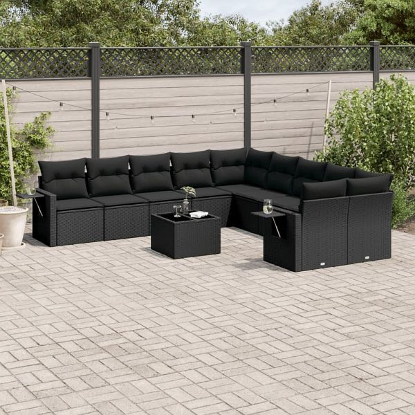 vidaXL 11-teilig Garten-Sofagarnitur mit Kissen Schwarz Poly Rattan, 3220714
