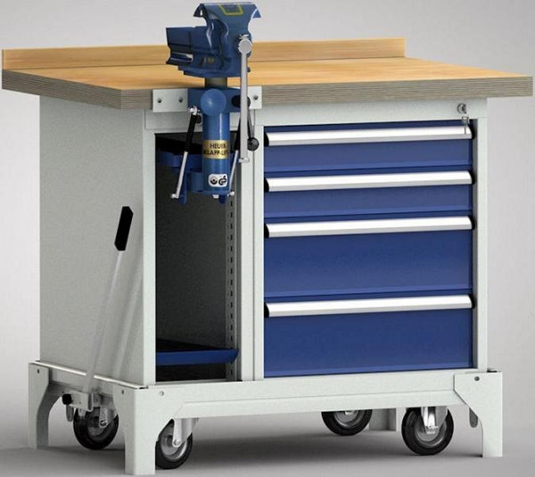 KLW Fahrbare Profi-Werkbank - 1000 x 700 x 871 mm L x B x H, links Schraubstockschrank, rechts 2x100EA/2x175EA, WP795N-1000M45-E7036