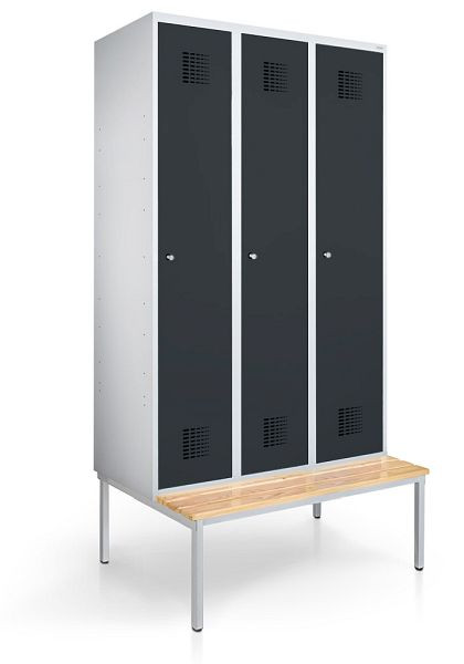 KEMMLIT Spind mit 3 Abteilen 40cm mit Sitzbank, Anthrazitgrau 7016, Drehriegel, 100088