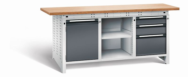 Otto Kind Werkbank Serie function Typ 307, Multiplexplatte 40 mm, überstehend, 2x Unterbau + mittleres Feld, Gehäuse RAL 7035, Front RAL 7016, 072362249