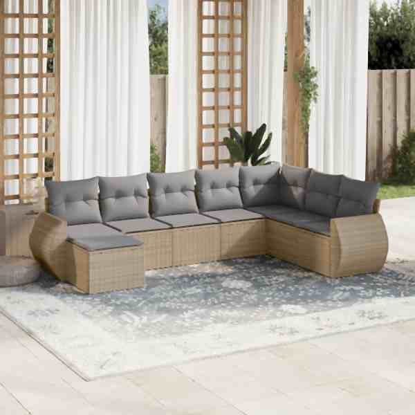 vidaXL 8-tlg. Garten-Sofagarnitur mit Kissen Beige Poly Rattan, UV-beständig, 3221758