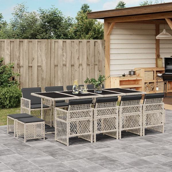 vidaXL 13-tlg. Garten-Essgruppe mit Kissen Hellgrau Poly Rattan, 3210803
