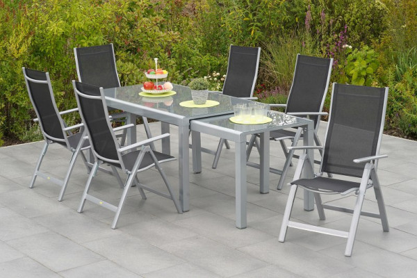 Merxx Carrara Set 7-teilig, 6 Klappsessel, Rückenlehne verstellbar, 1 Flex Ausziehtisch, 160 (320) x 78/75 cm, Silber/schwarz, 50696-219