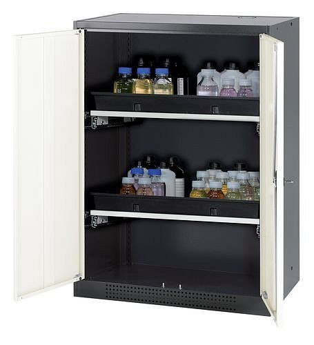 asecos Chemikalienschrank Systema-T CS-82, Korpus anthrazit, Flügeltüren weiß, 2 Tablarauszüge, 208651