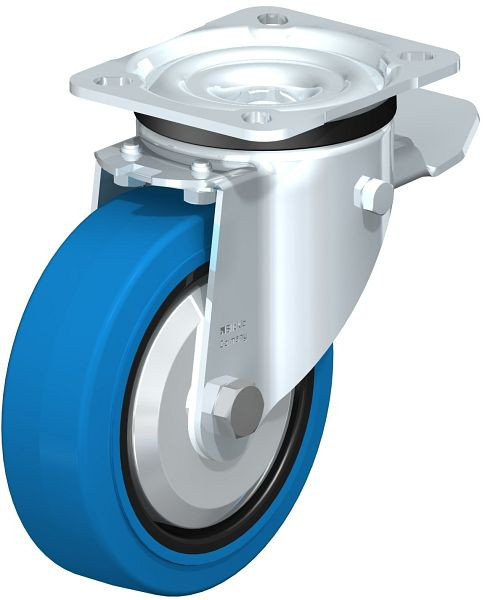 Blickle LK-POEV 125R-1-ST-SB-FA Stahlblech-Lenkrolle, schwere Ausführung, mit Anschraubplatte & Feststeller, Elastik-Vollgummi, Blau, 750351