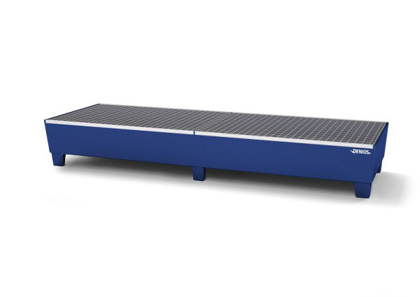 DENIOS Auffangwanne aus Stahl für 4 Fässer à 200 Liter, 420 Liter, 816 x 2470 x 355 mm, mit Gitterrost, 328437