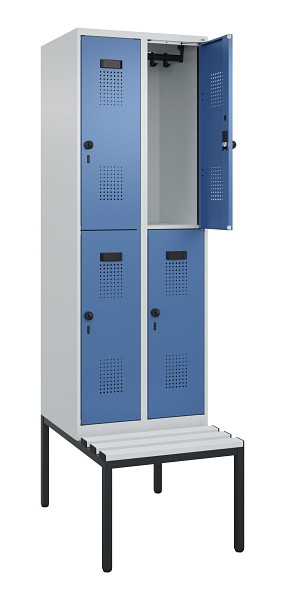 C+P Doppelstock-Spind Evolo PLUS, Bank, 4 Fächer, 2120x600x815mm, 7035/5023, Drehriegel, Sitzfläche Kunststoff, Sitzbank, 0493507-20 S10089