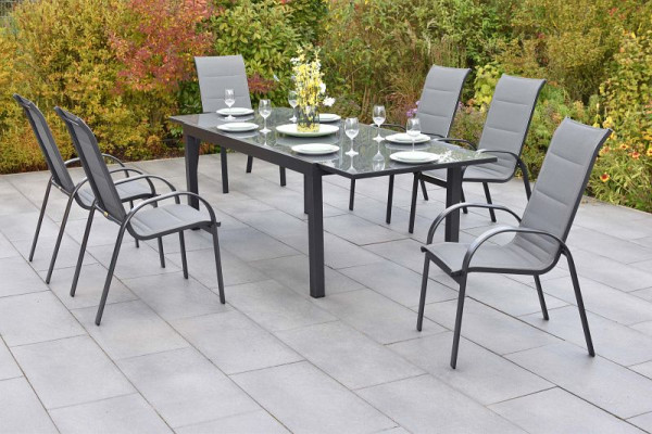 Merxx Amalfi Set 7-teilig, 6 Amalfi Stapelsessel, gepolstert, 1 Semi Ausziehtisch 180 (250) x 100 cm, graue Glasplatte, Graphit/grau, 51111-309