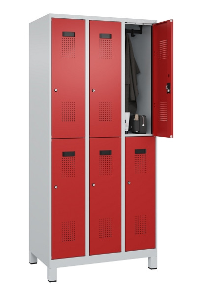 C+P Doppelstöckiger Spind Evolo PLUS, mit Füßen, 6 Fächer, 1950x900x500mm, 7035, Frontfarbe RAL 3000 feuerrot, Zylinderschloss, 049310-30 S10030