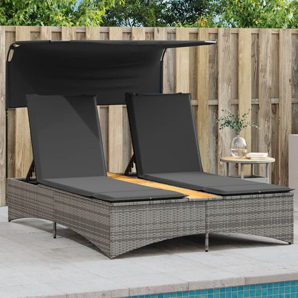 vidaXL Doppel-Sonnenliege mit Dach und Auflagen Grau Poly Rattan, 365622