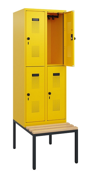 C+P Doppelstöckiger Spind Evolo PLUS, Bank, 4 Fächer, 1950x600x815mm, 1023/1023, Drehriegel, Sitzfläche Buche-Hartholz, Sitzbank, 0493505-20 S10027