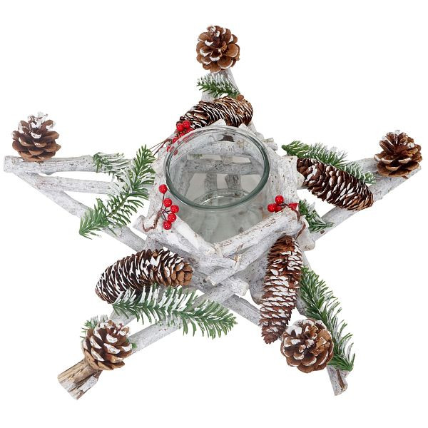 Mendler Adventskranz Stern, Weihnachtsdeko Tischdeko, Holz mit Kerzenglas 40x40x12cm weiß-grau, 51910