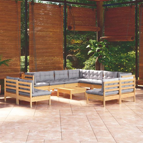 vidaXL 12-teilig Garten-Lounge-Set mit Grauen Kissen Massivholz Kiefer, 3096868