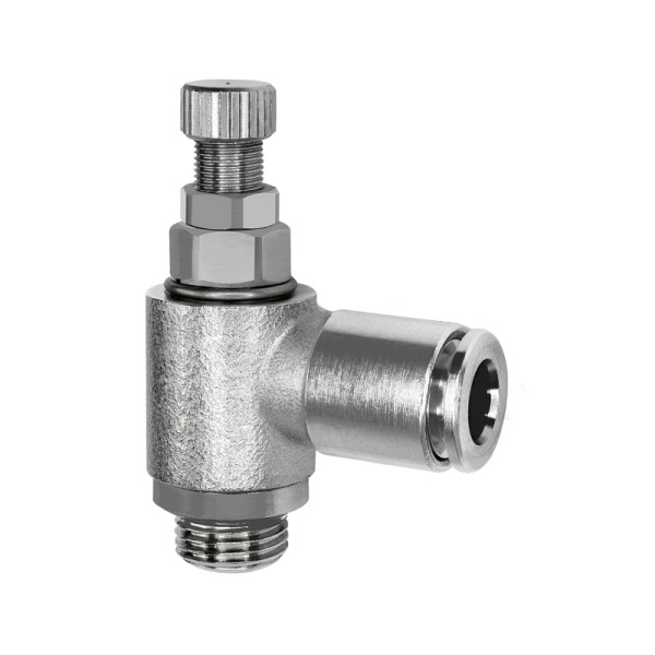 Riegler Drosselventil, beidseitig (B), G 3/8, Steckverbindung 8, drehbar, 0 - 10 bar, -20 °C bis 80 °C, Messing vernickelt, 116961