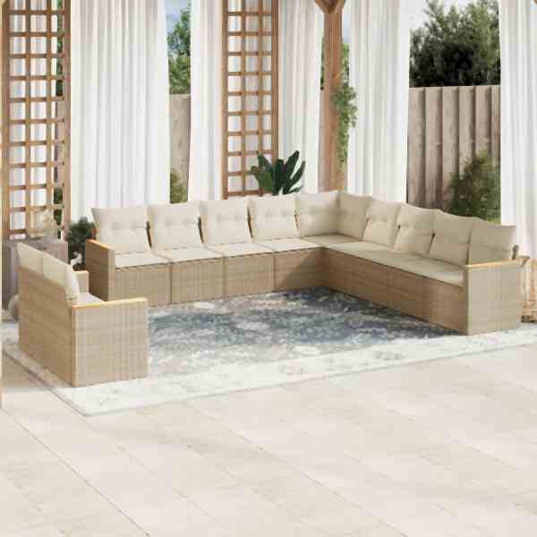 vidaXL 11-tlg. Garten-Sofagarnitur mit Kissen Beige Poly Rattan, UV-beständig, 3258530
