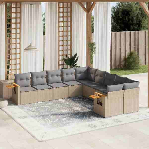 vidaXL 10-tlg. Garten-Sofagarnitur mit Kissen Beige Poly Rattan, UV-beständig, 3259595