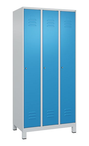 C+P Umkleidespind Classic PLUS mit Mitteltrennwand, Füße, 3 Abteile, 1950x900x500mm, 7035/5012, Zylinderschlösser, 080010-30F S10019