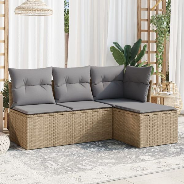 vidaXL 4-teilig Garten-Sofagarnitur mit Kissen Beige Poly Rattan, 3217499